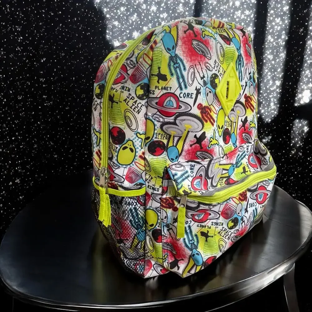 Space Alien Backpack Matching Pouch Neon UFO Outer Space Reflective Spaceman